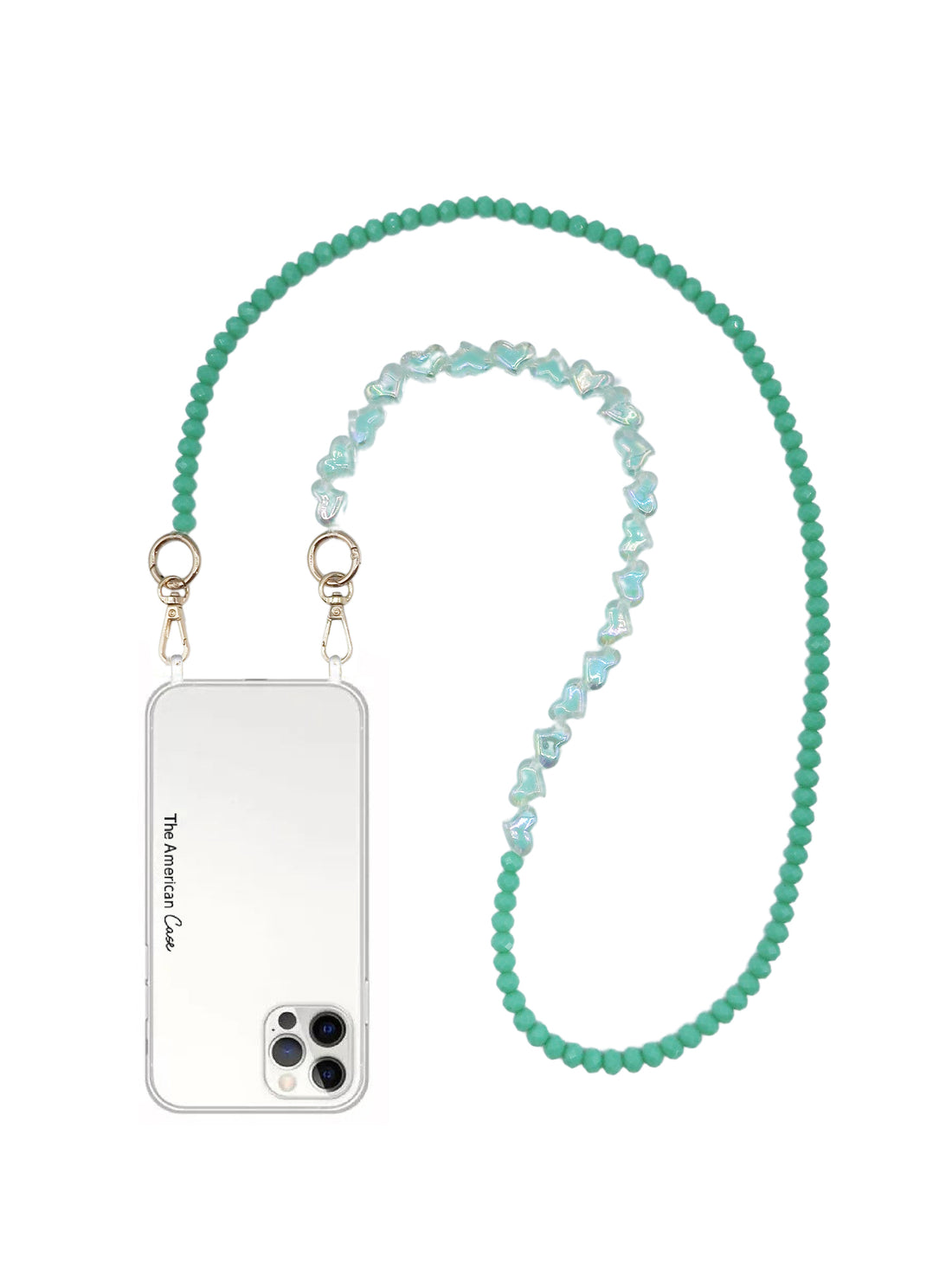 Lila - Vibrant Glitter Heart and Round Bead Crossbody Chain with Golden Carabiners