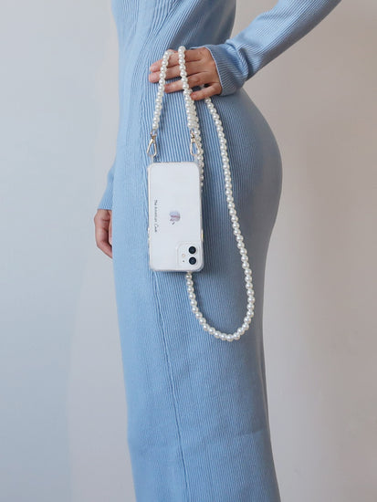 White Pearl Chain with Silver Carabiners attached to phone with The American Case 