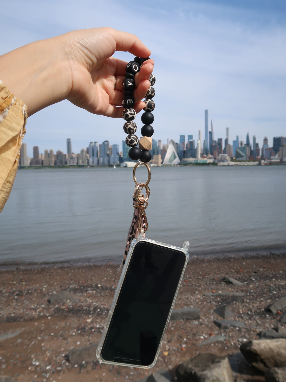 Jolene -  Leopard bead phone bracelet with Gold Carabiners