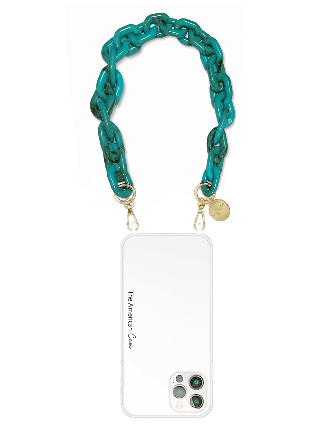 Cyan - Turquoise Short Resin Phone Chain with Gold Carabiners