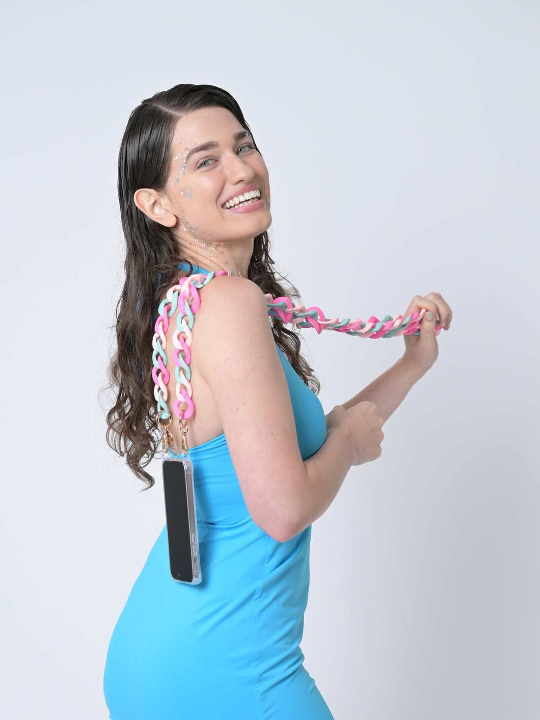 Tessa - Pink Mint Mix Color Crossbody Resin Chain with Golden Carabiners