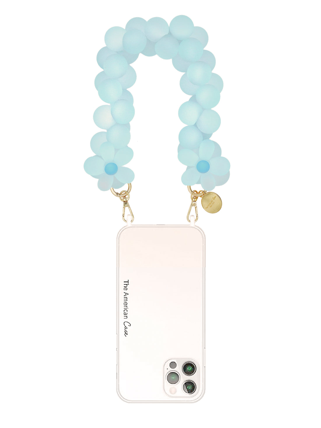 Glacier - Flower and Round Matt Bead Bracelet Phone Chain with Golden Carabiners