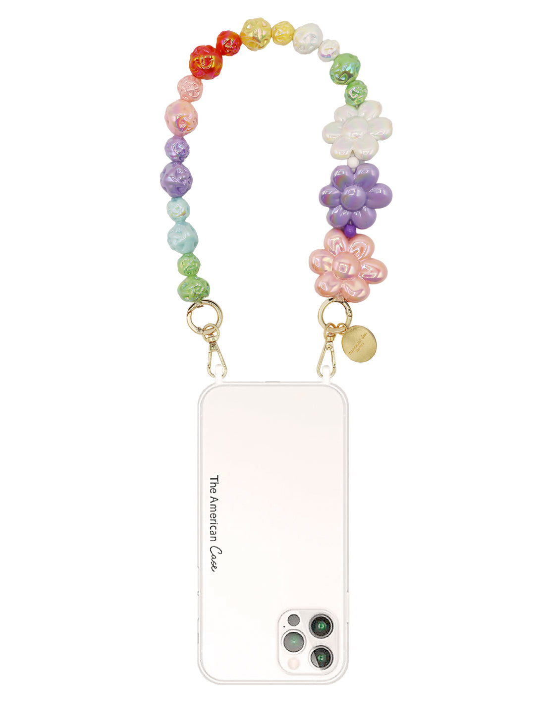 Daphne - Glossy Flower and  Bead Bracelet Phone Chain With Golden Carabiners