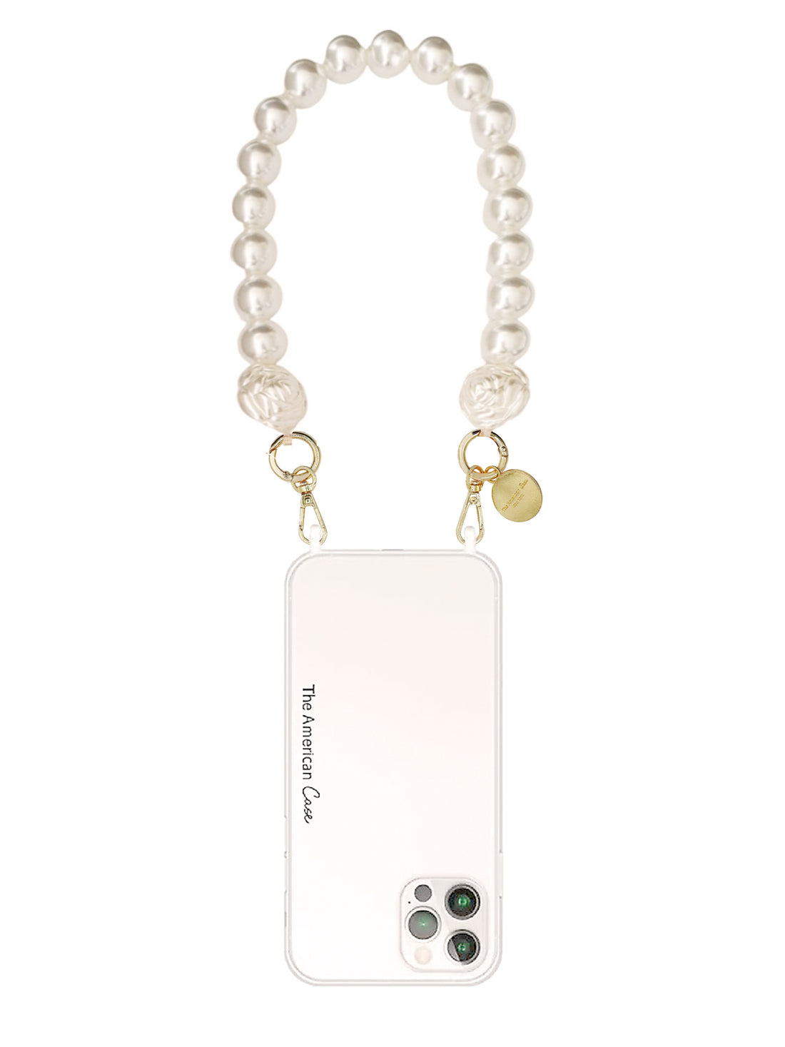 Rosie - Pearl and Rose Shape Beads Bracelet Phone Chain with Golden Carabiners
