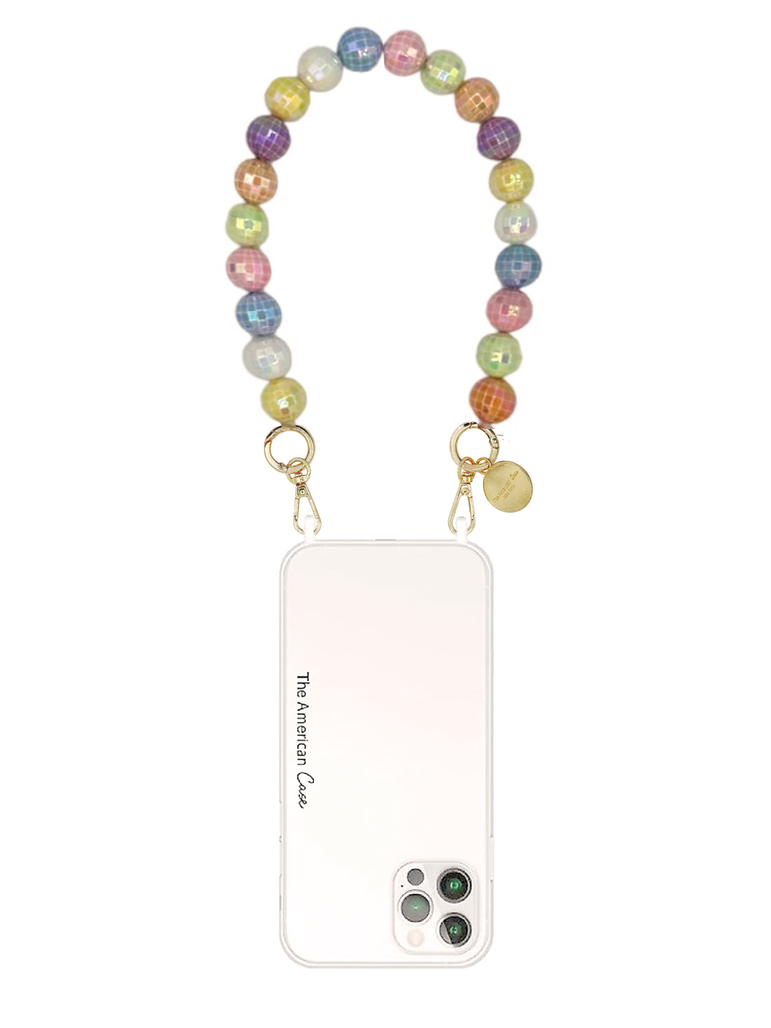 Della - Glittery Rainbow Disco Ball Bracelet Short Phone Chain with Golden Carabiners