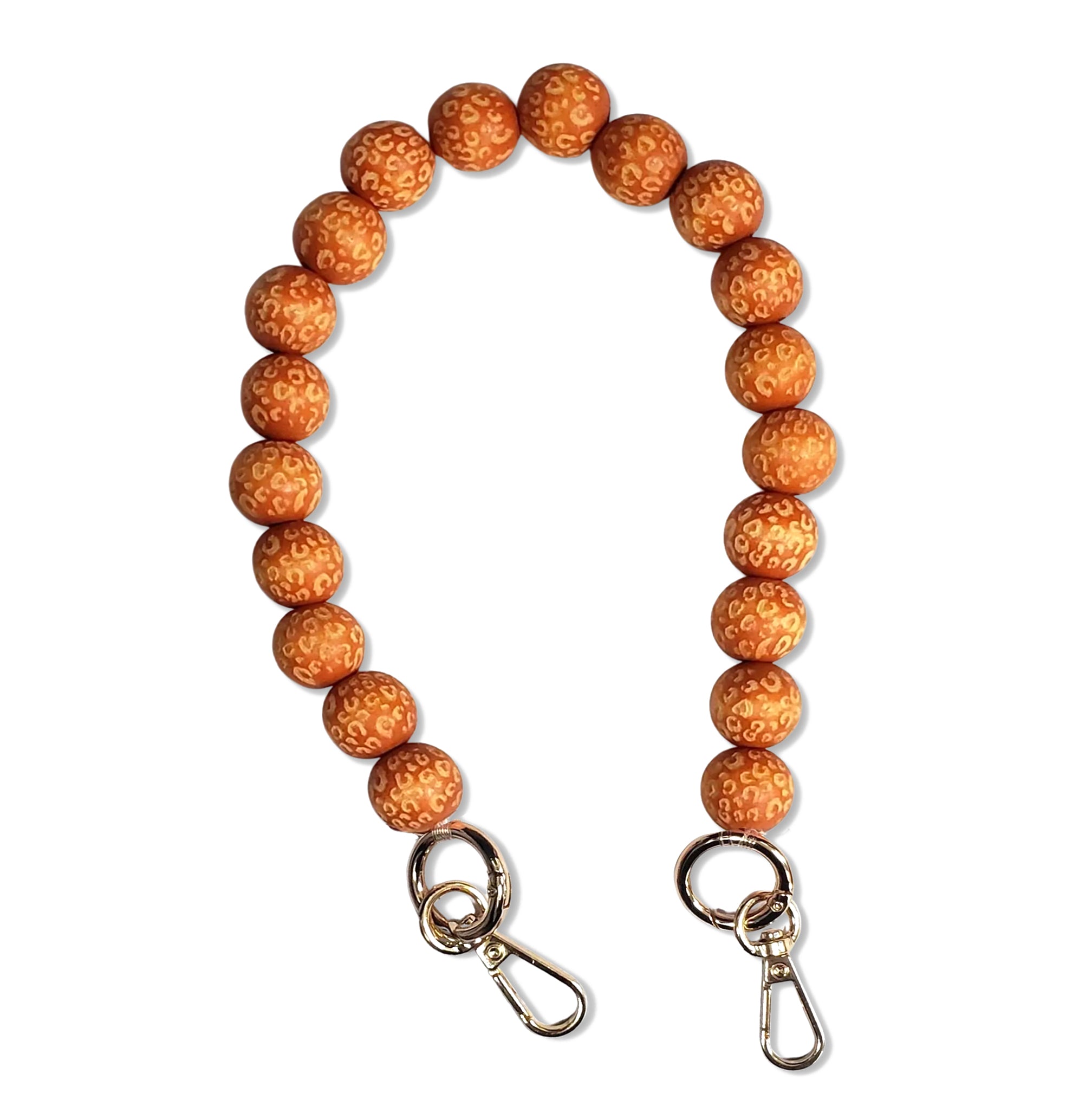 brown orange leopard Wooden Bead Short Phone Chain with Silver Carabiners