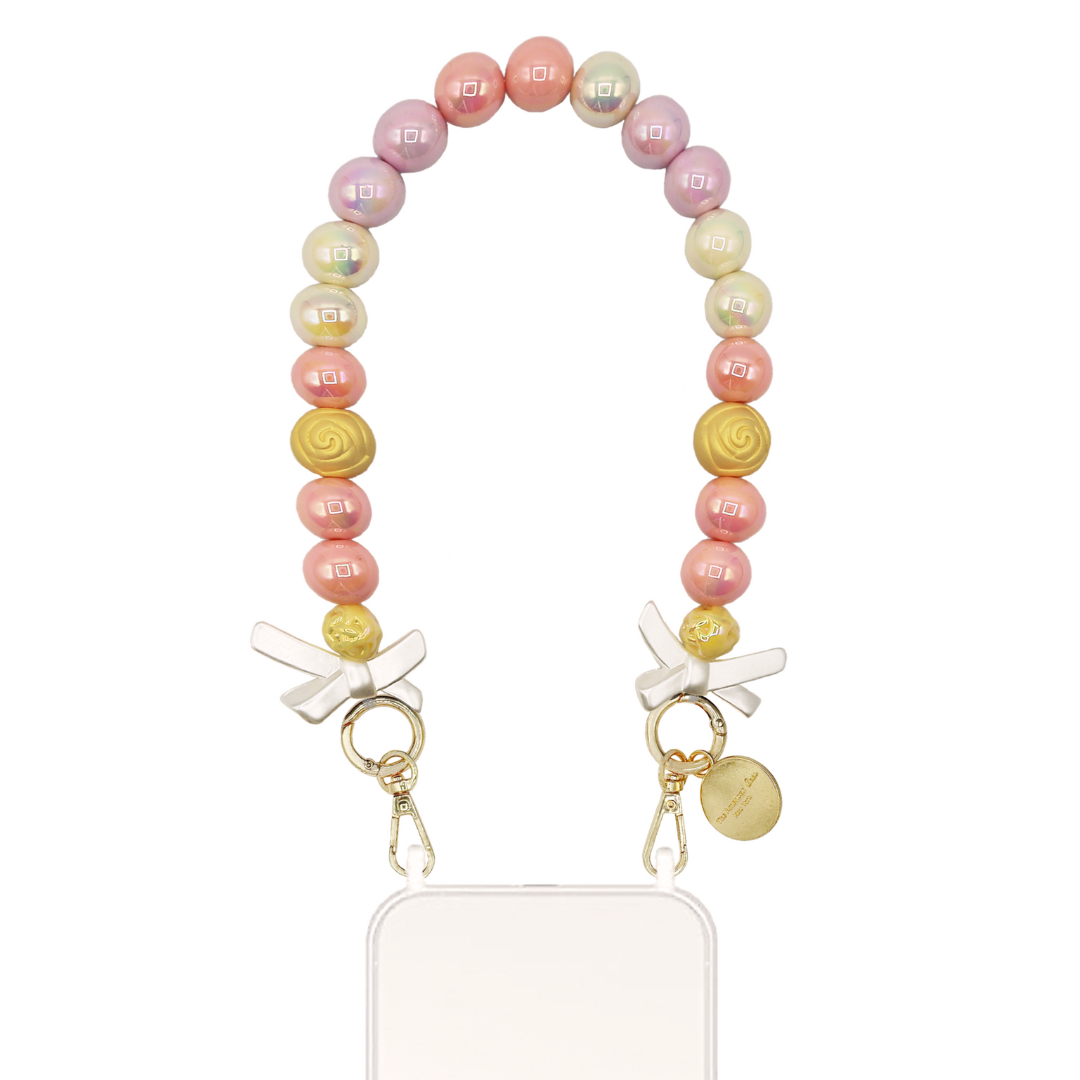 Fia - Pastel Flower Beads Bracelet Phone Chain With Bow Deco and Golden Carabiners