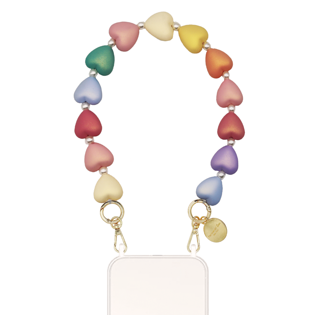 Juniper - Rainbow Heart and Pearl Bead Bracelet Phone Chain with Golden Carabiners