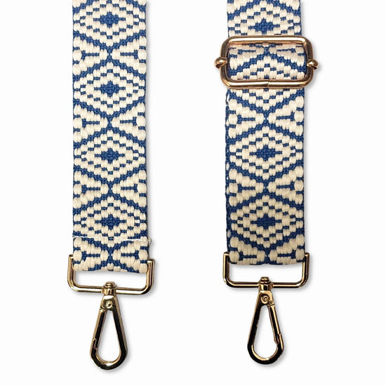 Adjustable blue and white aztec printed strap with golden carabiners 