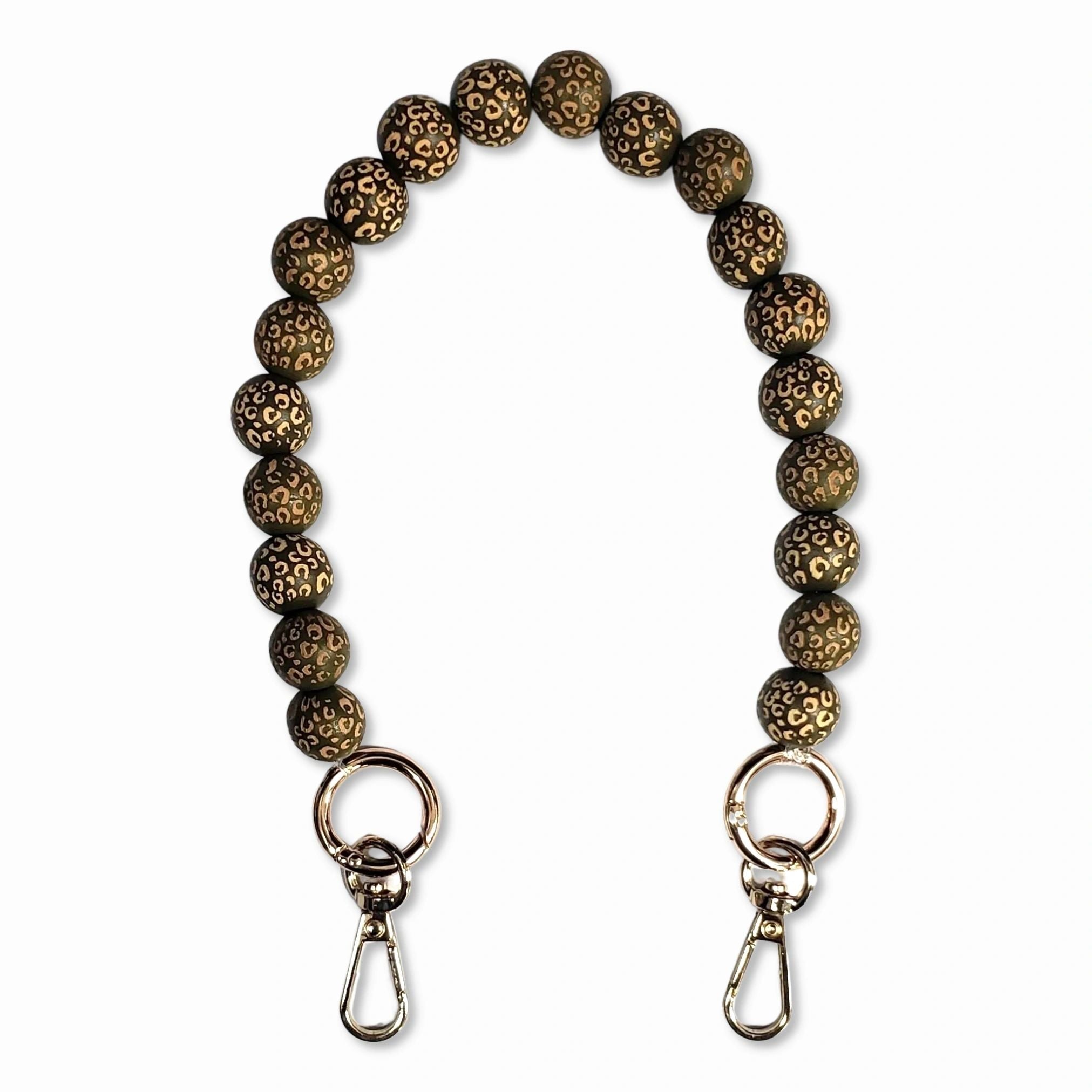 khaki leopard Wooden Bead Short Phone Chain with Silver Carabiners