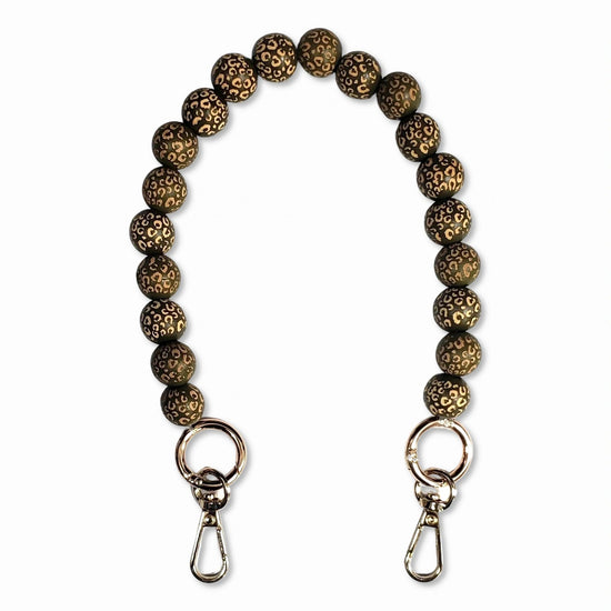 khaki leopard Wooden Bead Short Phone Chain with Silver Carabiners