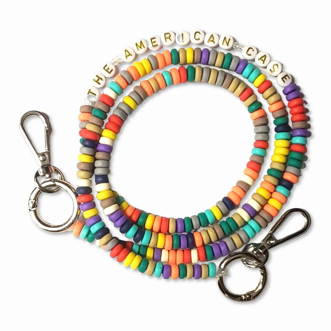 Yellow blue green purple color Multi colored Small Bead long phone Chain with Silver Carabiners attached to a phone 