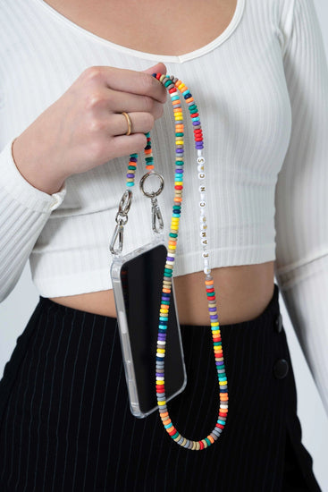 Multi colored Small Bead long phone Chain carried by a lady on her hand