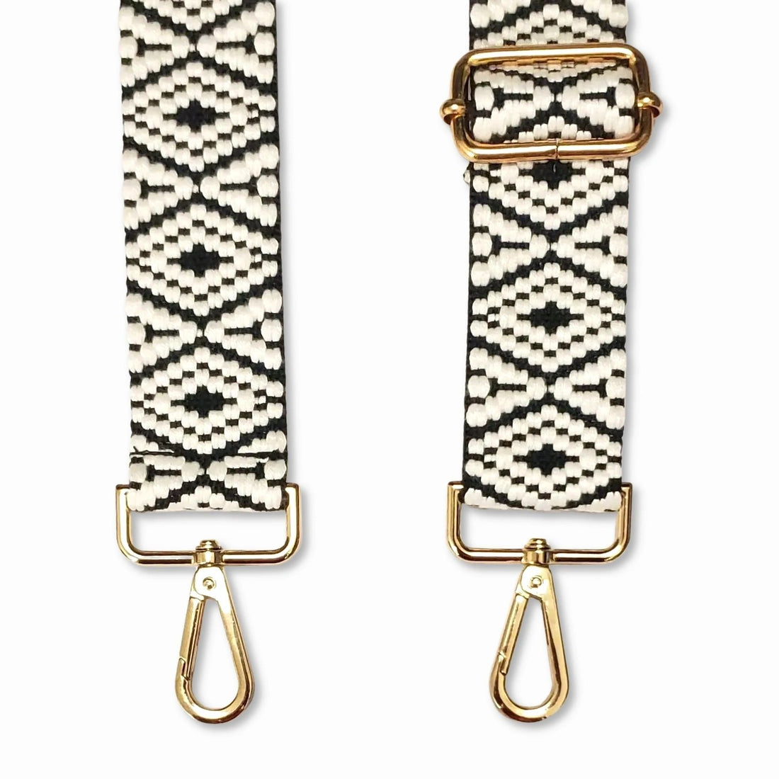 Adjustable black and white aztec printed strap with golden carabiners 