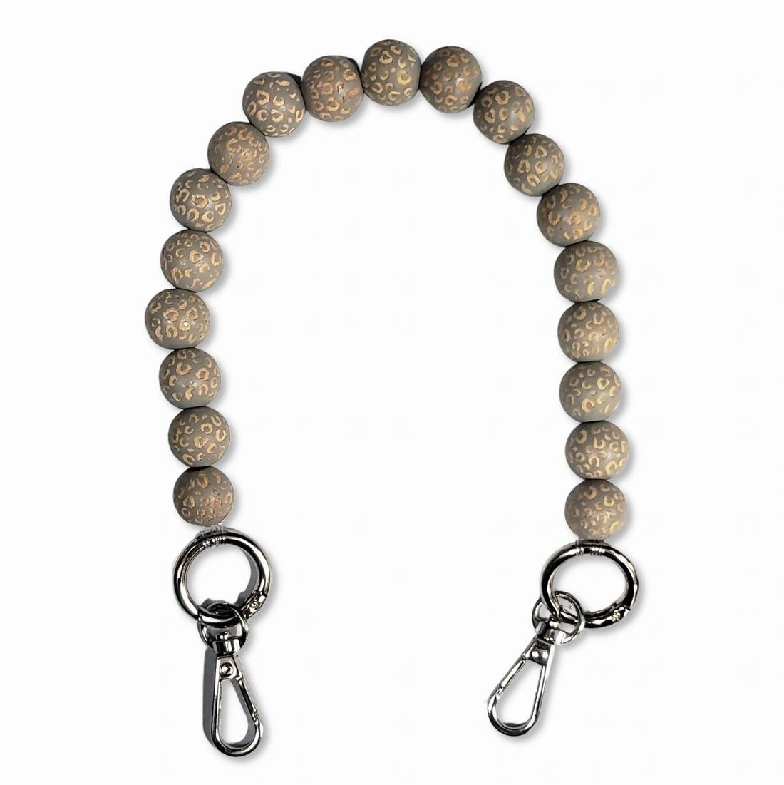 grey  leopard Wooden Bead Short Phone Chain with Silver Carabiners