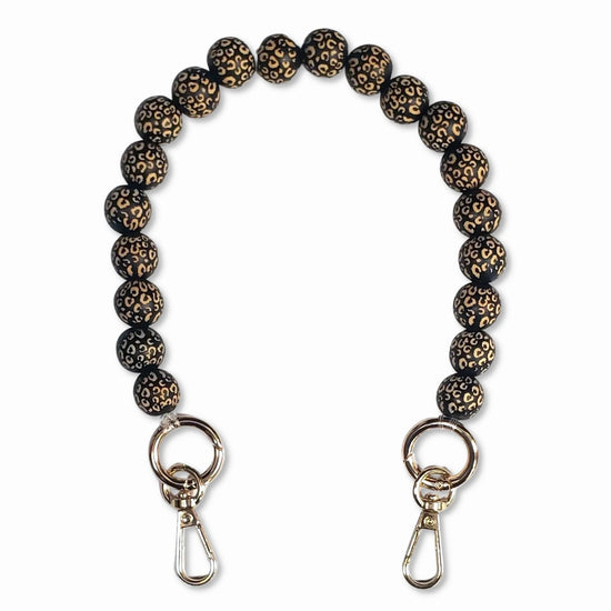 black leopard Wooden Bead Short Phone Chain with Silver Carabiners