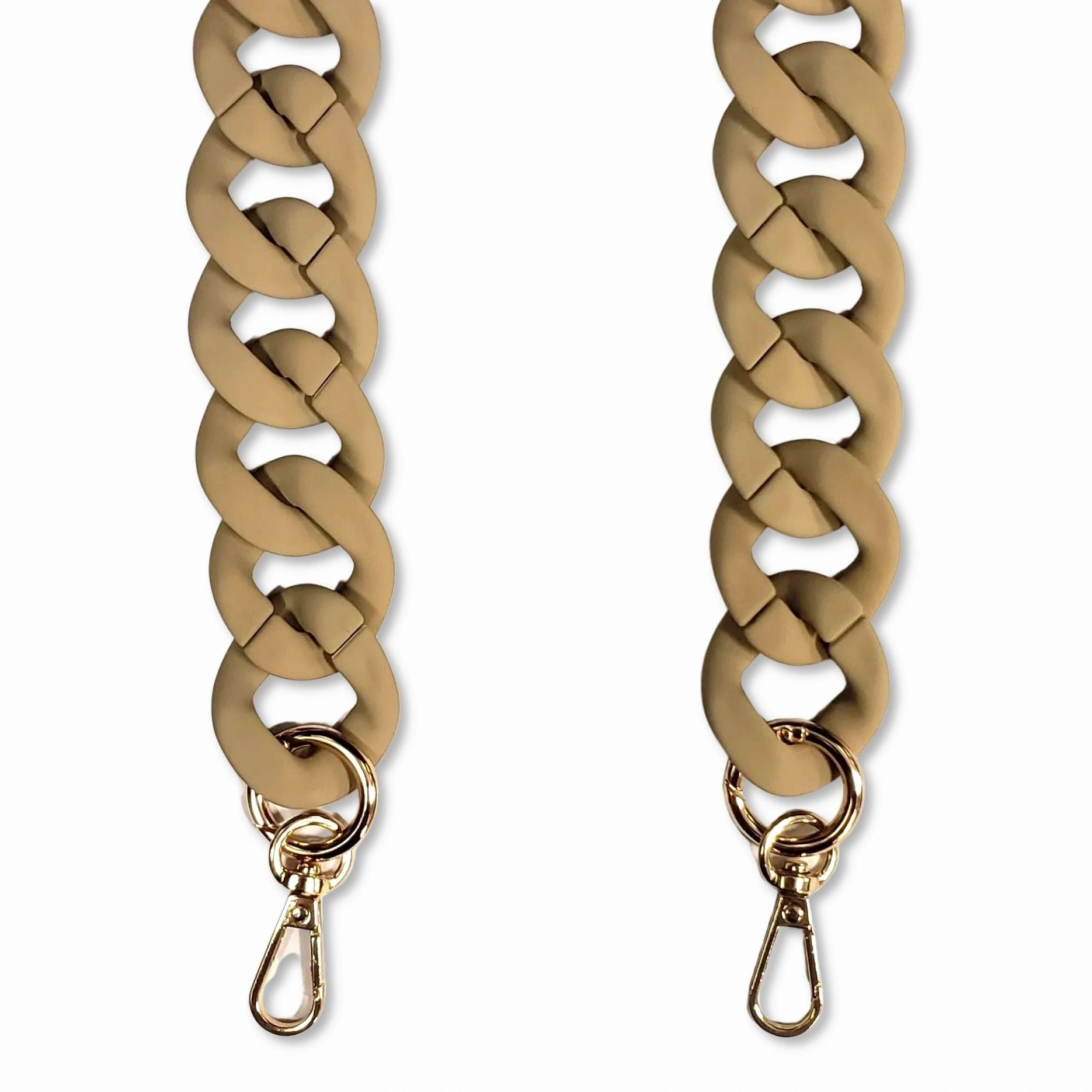 A close-up view of a Taupe-colored oval link long phone chain made of matte resin with golden carabiners.