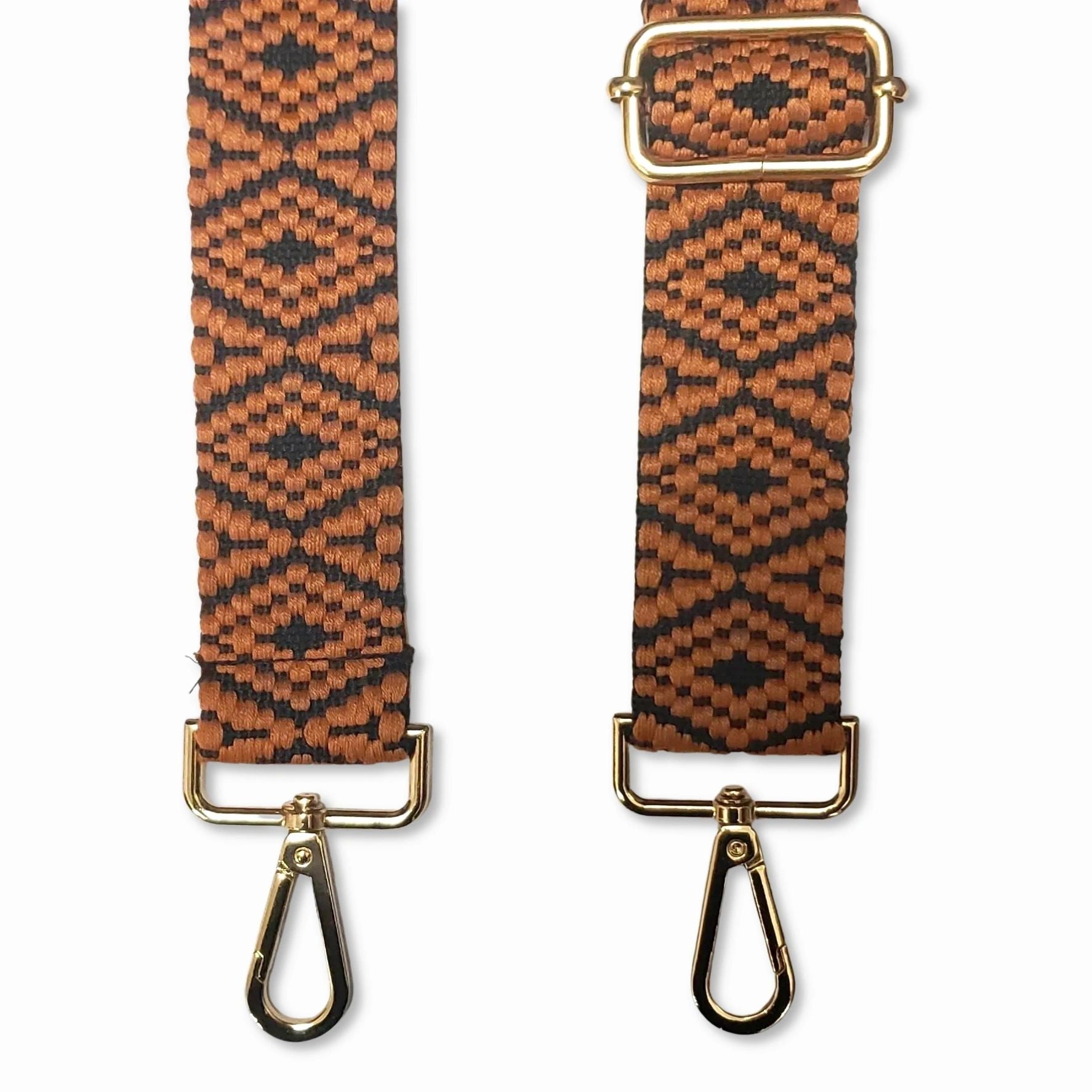 Adjustable black and brown aztec printed strap with golden carabiners 