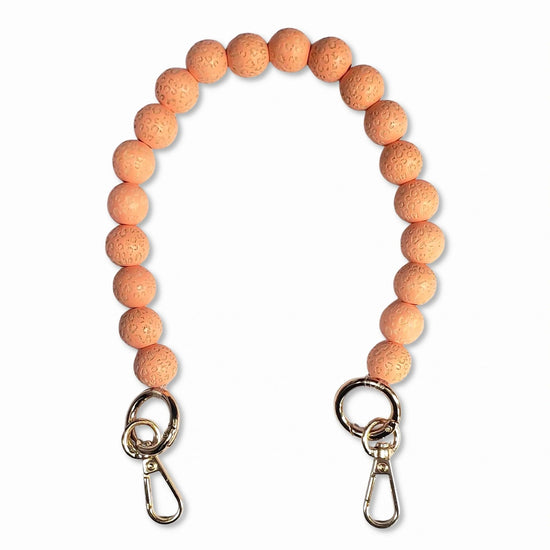 peach leopard Wooden Bead Short Phone Chain with Gold Carabiners