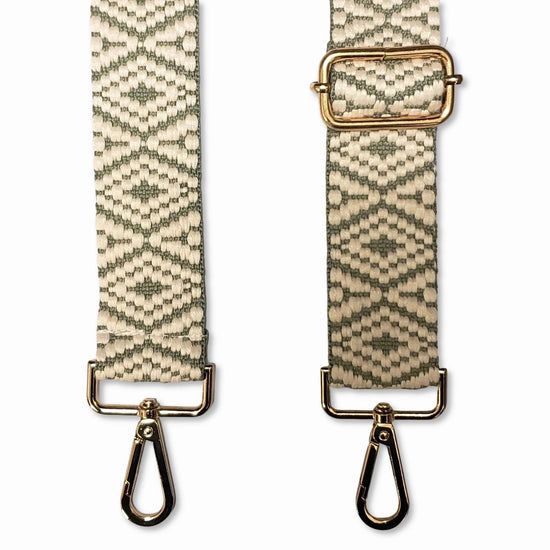 Adjustable green and white aztec printed strap with golden carabiners 