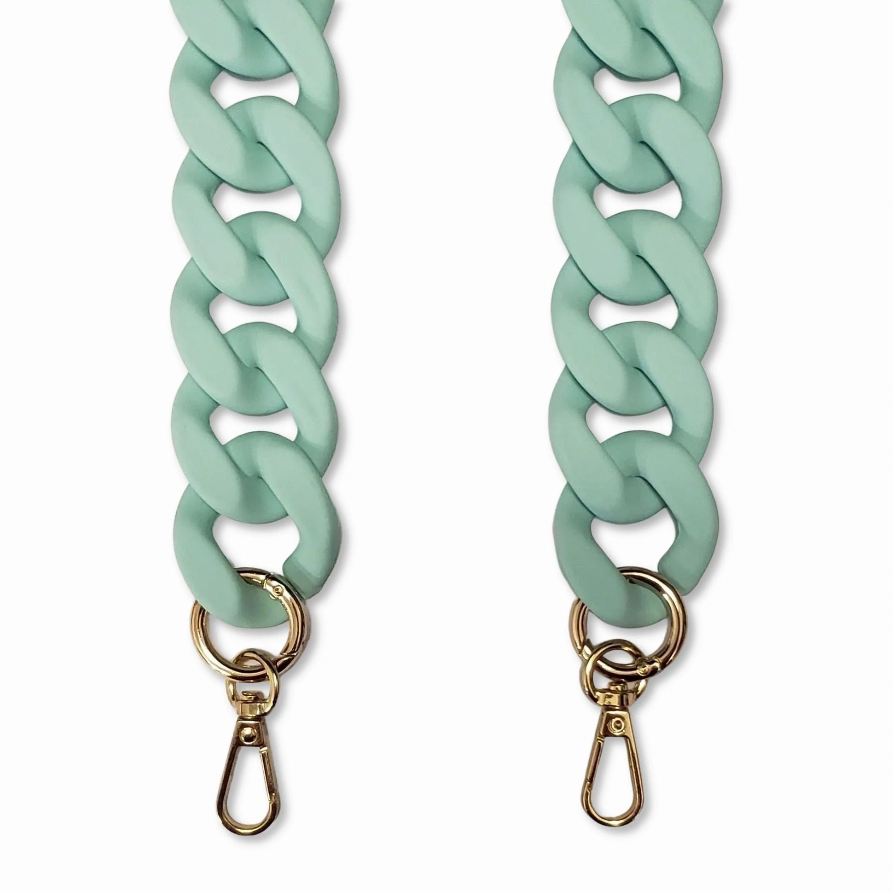 A close-up view of a Mint-colored oval link long phone chain made of matte resin with golden carabiners.